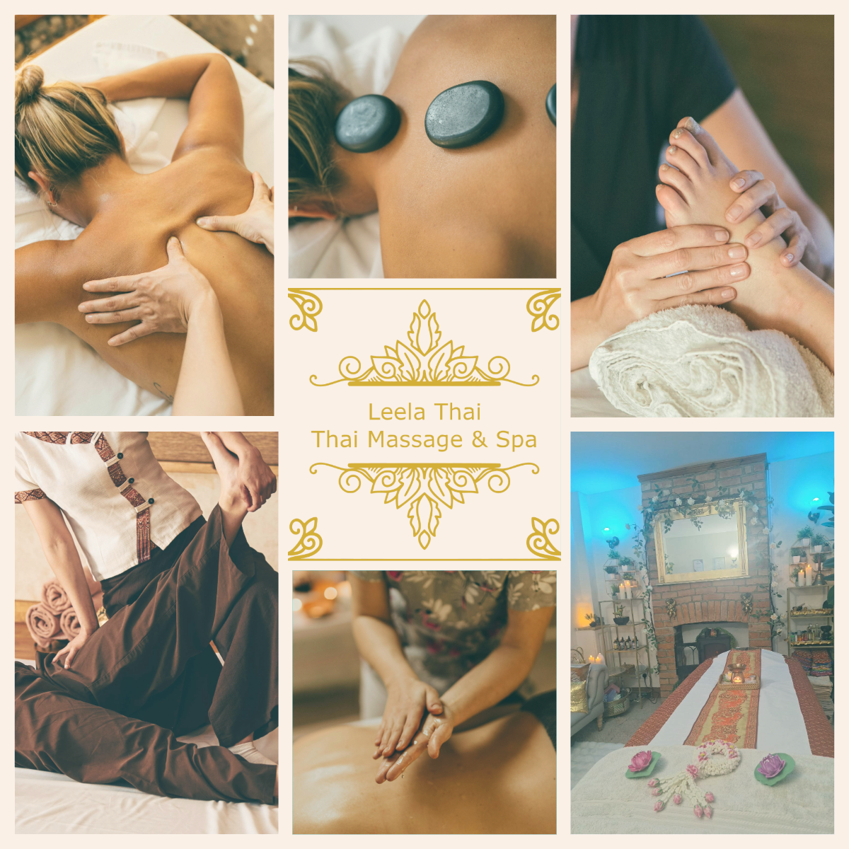 Collage of massage techniques and Leela Thai logo